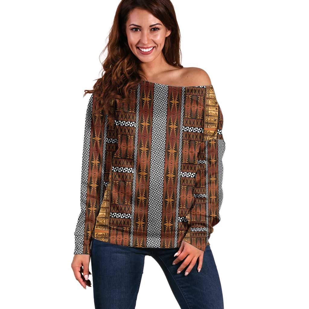 Malo e Lelei Tonga Off Shoulder Sweater Tongan Ngatu Tapa Cloth LT14 Women Orange - Polynesian Pride
