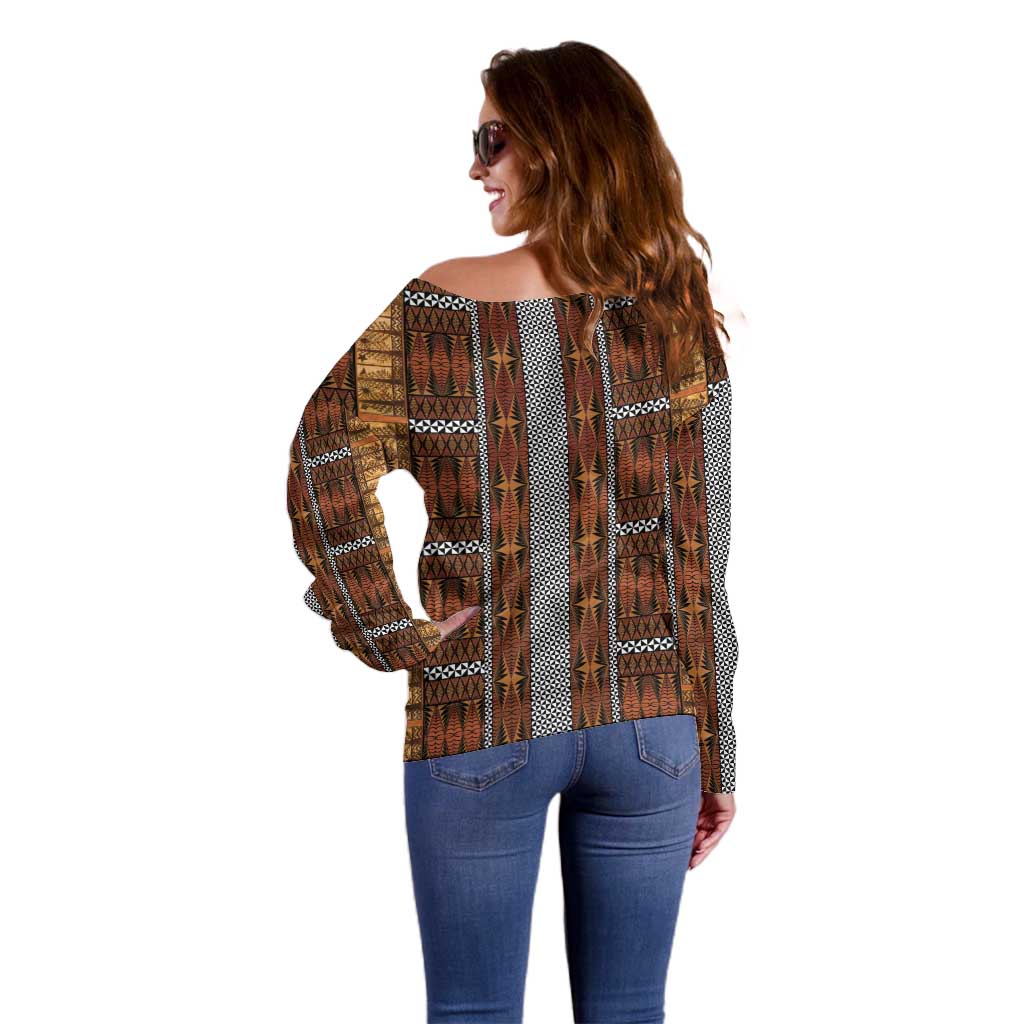 Malo e Lelei Tonga Off Shoulder Sweater Tongan Ngatu Tapa Cloth LT14 - Polynesian Pride