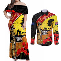 New Zealand And Australia ANZAC Day Couples Matching Off Shoulder Maxi Dress and Long Sleeve Button Shirt Aboriginal Maori Starring Night Style LT14 Gold - Polynesian Pride