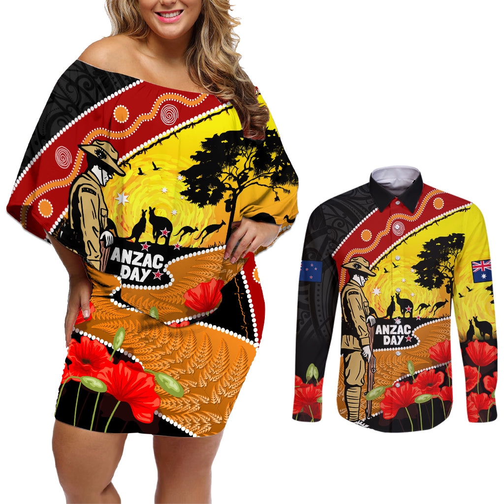 New Zealand And Australia ANZAC Day Couples Matching Off Shoulder Short Dress and Long Sleeve Button Shirt Aboriginal Maori Starring Night Style LT14 Gold - Polynesian Pride