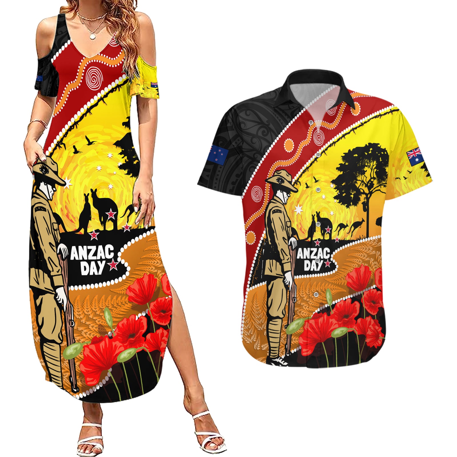New Zealand And Australia ANZAC Day Couples Matching Summer Maxi Dress and Hawaiian Shirt Aboriginal Maori Starring Night Style LT14 Gold - Polynesian Pride