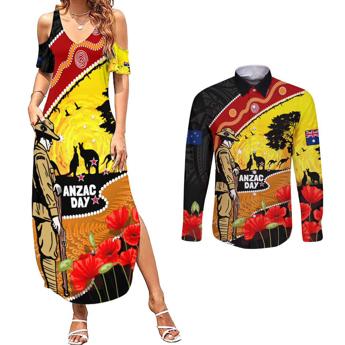 New Zealand And Australia ANZAC Day Couples Matching Summer Maxi Dress and Long Sleeve Button Shirt Aboriginal Maori Starring Night Style LT14 Gold - Polynesian Pride