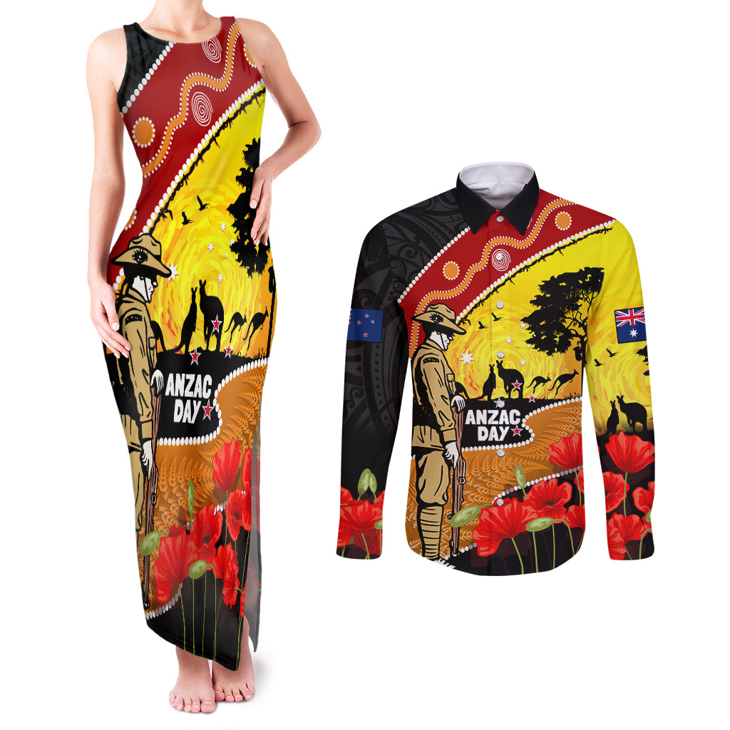 New Zealand And Australia ANZAC Day Couples Matching Tank Maxi Dress and Long Sleeve Button Shirt Aboriginal Maori Starring Night Style LT14 Gold - Polynesian Pride