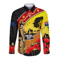 New Zealand And Australia ANZAC Day Long Sleeve Button Shirt Aboriginal Maori Starring Night Style LT14 Unisex Gold - Polynesian Pride