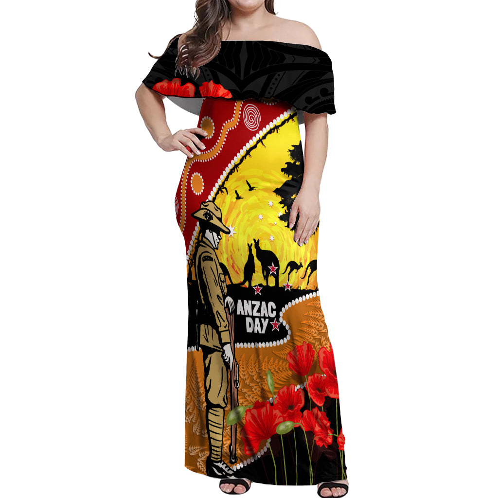 New Zealand And Australia ANZAC Day Off Shoulder Maxi Dress Aboriginal Maori Starring Night Style LT14 Women Gold - Polynesian Pride