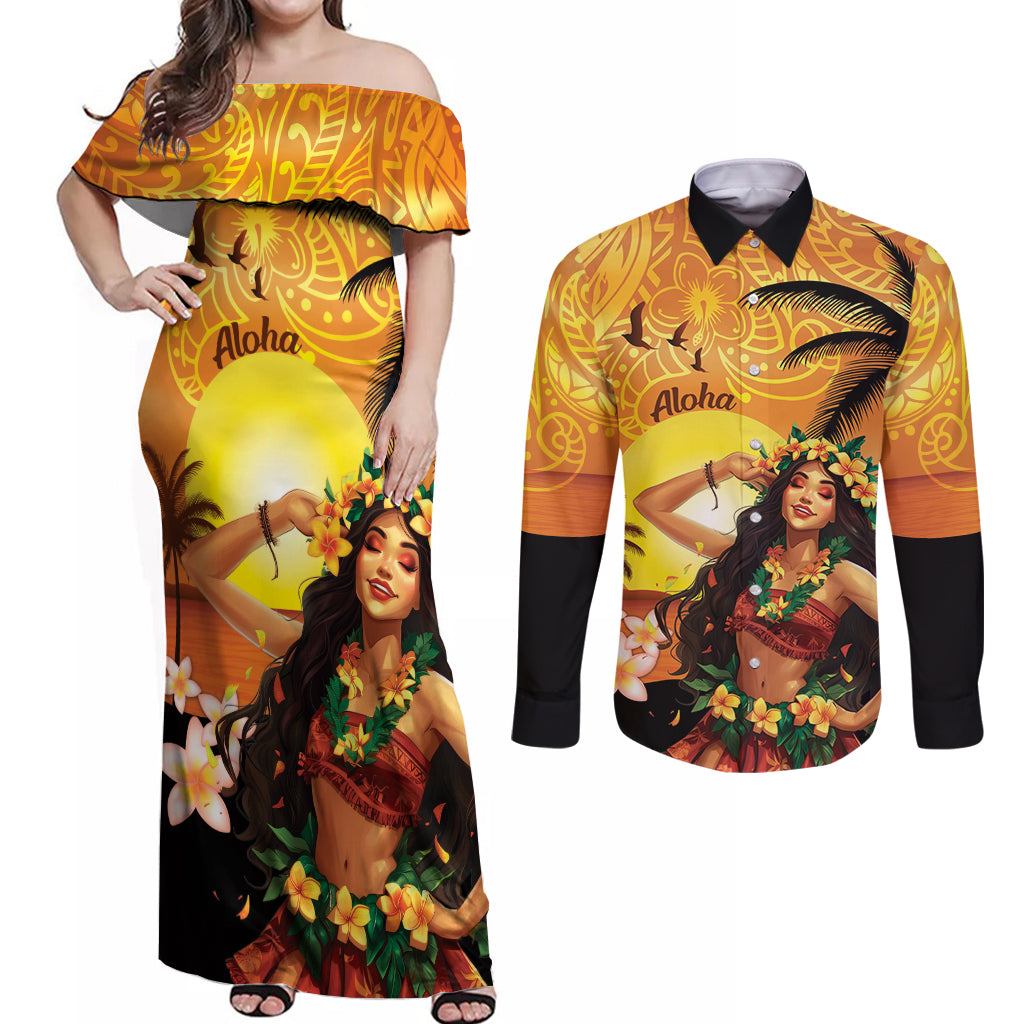 Aloha Hawaii Women's Day Couples Matching Off Shoulder Maxi Dress and Long Sleeve Button Shirt Hula Girl With Sunset Vibes LT14 Yellow - Polynesian Pride