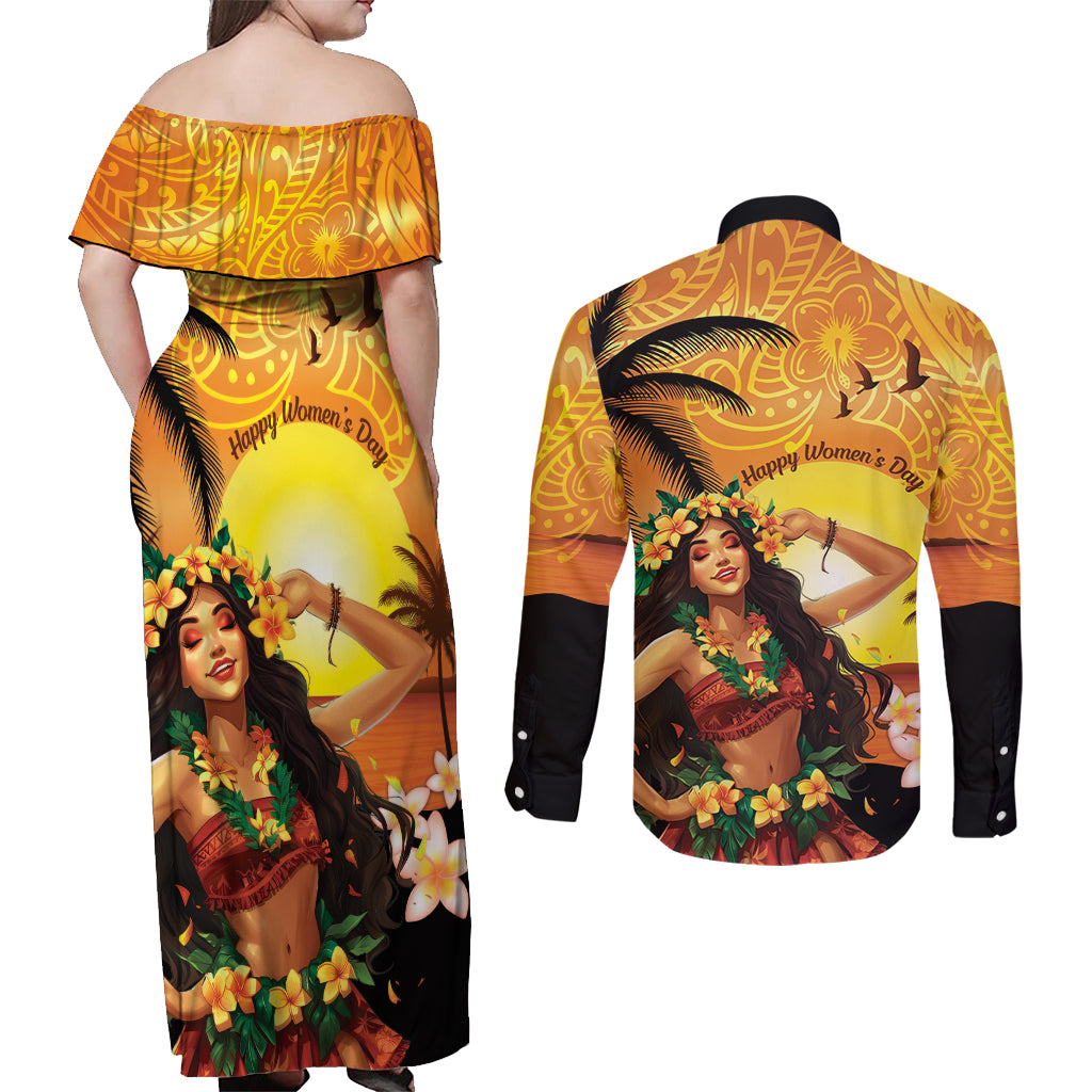 Aloha Hawaii Women's Day Couples Matching Off Shoulder Maxi Dress and Long Sleeve Button Shirt Hula Girl With Sunset Vibes LT14 - Polynesian Pride
