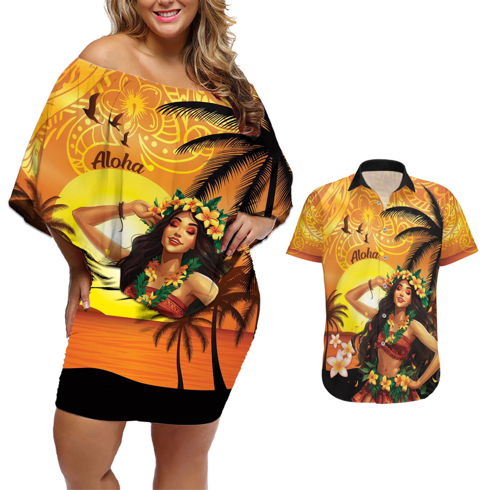 Aloha Hawaii Women's Day Couples Matching Off Shoulder Short Dress and Hawaiian Shirt Hula Girl With Sunset Vibes LT14 Yellow - Polynesian Pride