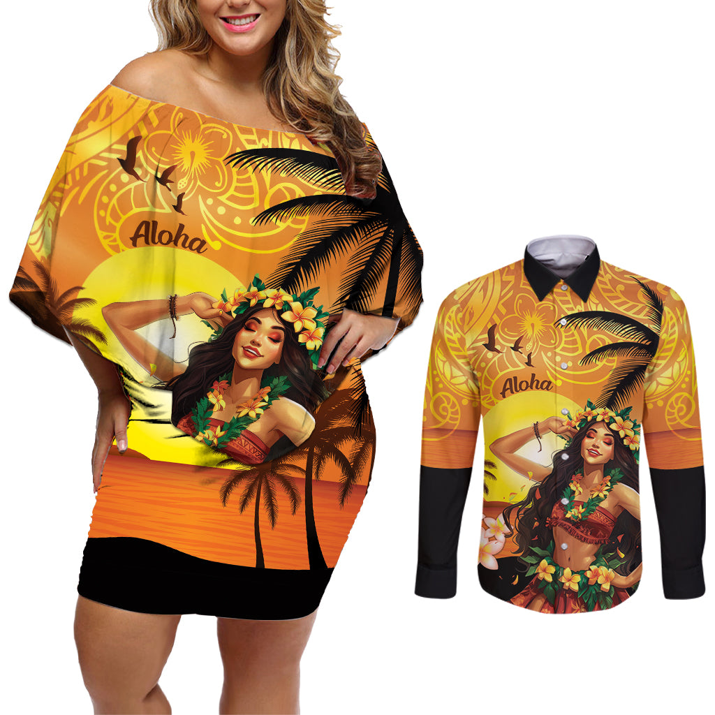 Aloha Hawaii Women's Day Couples Matching Off Shoulder Short Dress and Long Sleeve Button Shirt Hula Girl With Sunset Vibes LT14 Yellow - Polynesian Pride