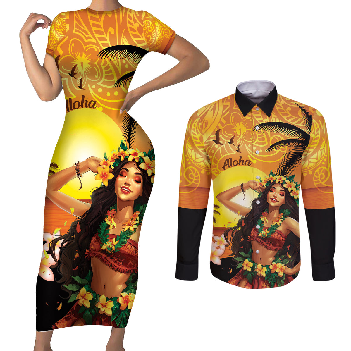 Aloha Hawaii Women's Day Couples Matching Short Sleeve Bodycon Dress and Long Sleeve Button Shirt Hula Girl With Sunset Vibes LT14 Yellow - Polynesian Pride
