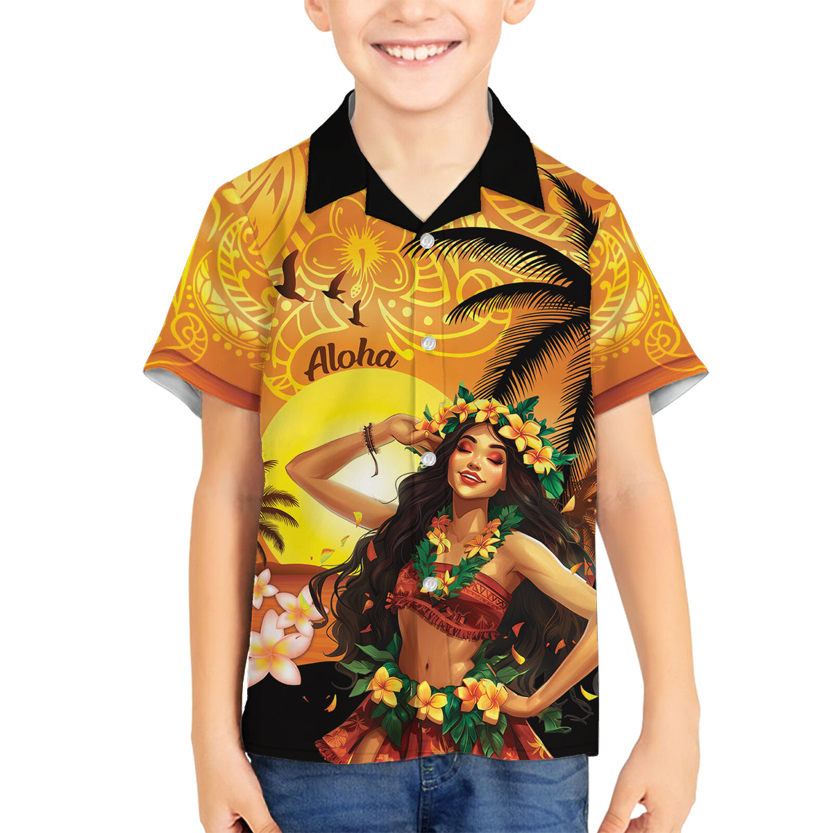 Aloha Hawaii Women's Day Family Matching Long Sleeve Bodycon Dress and Hawaiian Shirt Hula Girl With Sunset Vibes LT14 Son's Shirt Yellow - Polynesian Pride