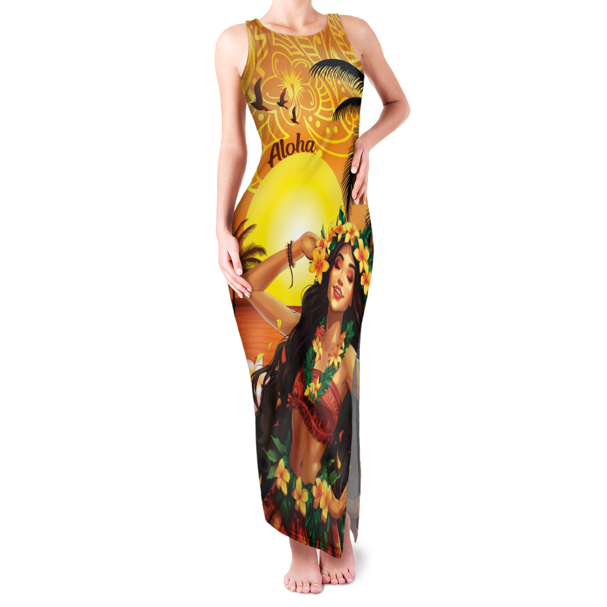 Aloha Hawaii Women's Day Family Matching Tank Maxi Dress and Hawaiian Shirt Hula Girl With Sunset Vibes LT14 Mom's Dress Yellow - Polynesian Pride