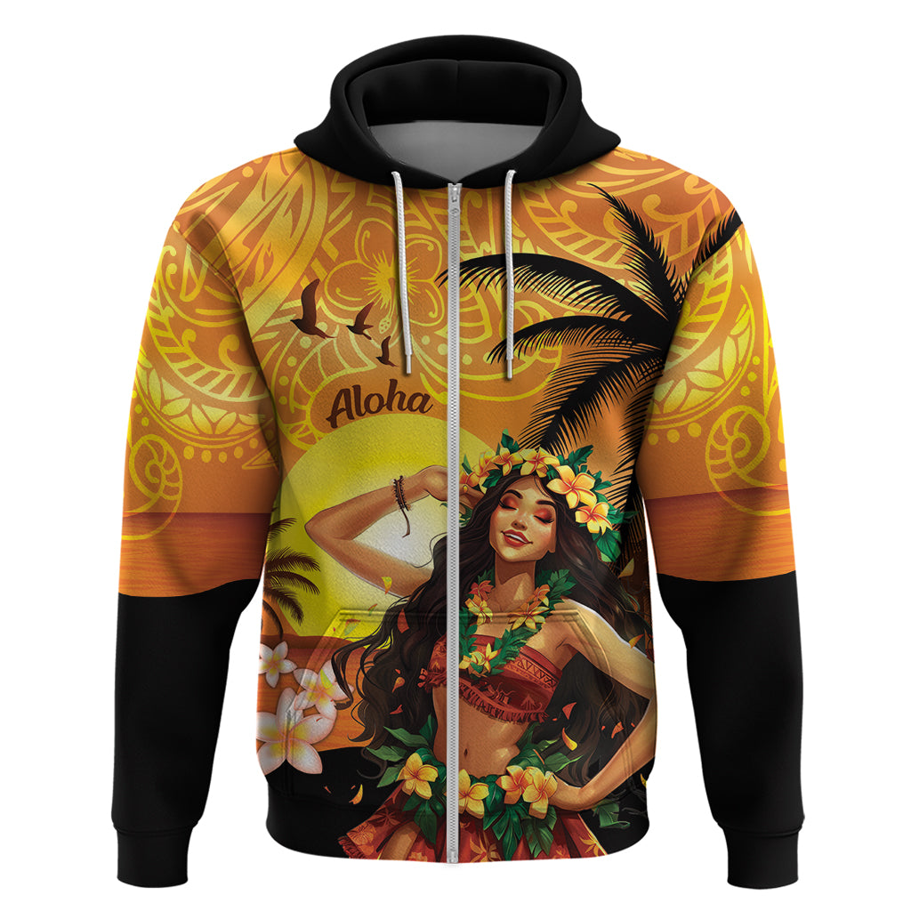 Aloha Hawaii Women's Day Hoodie Hula Girl With Sunset Vibes LT14 Zip Hoodie Yellow - Polynesian Pride