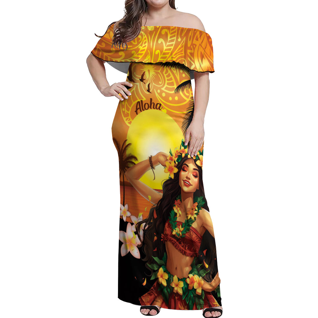 Aloha Hawaii Women's Day Off Shoulder Maxi Dress Hula Girl With Sunset Vibes LT14 Women Yellow - Polynesian Pride