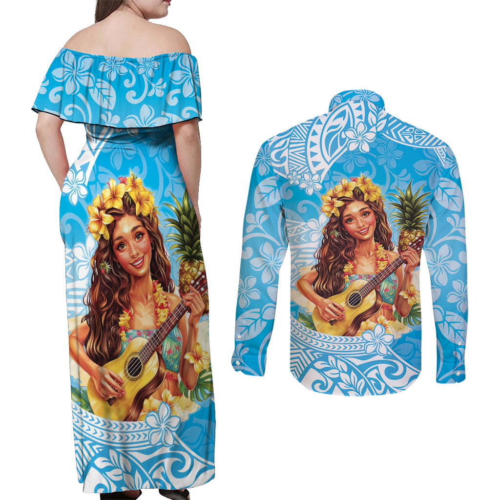 Aloha Hawaii Women's Day Couples Matching Off Shoulder Maxi Dress and Long Sleeve Button Shirt Hula Girl With Ukulele Tropical Style LT14 - Polynesian Pride