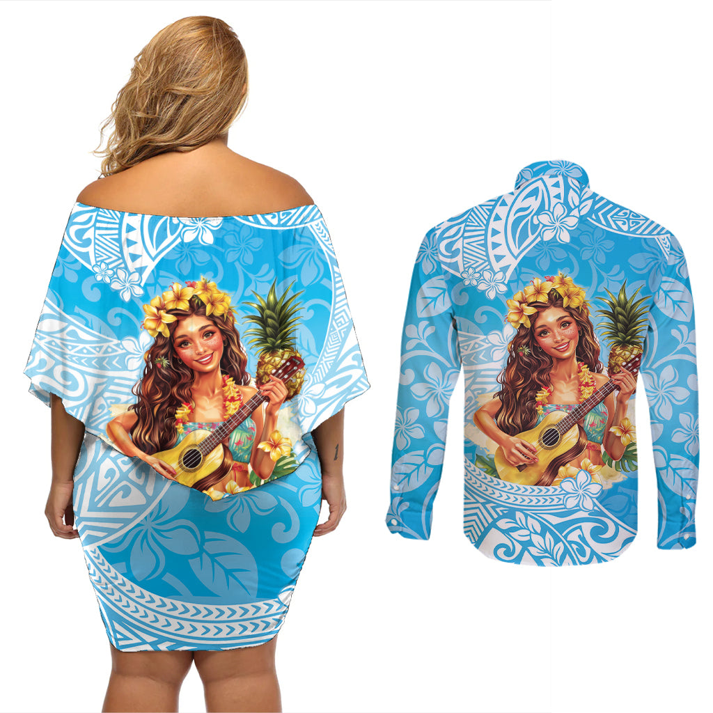 Aloha Hawaii Women's Day Couples Matching Off Shoulder Short Dress and Long Sleeve Button Shirt Hula Girl With Ukulele Tropical Style LT14 - Polynesian Pride