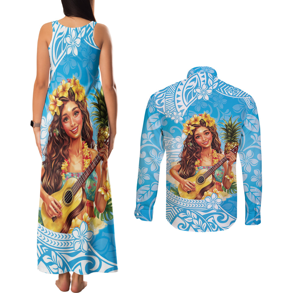Aloha Hawaii Women's Day Couples Matching Tank Maxi Dress and Long Sleeve Button Shirt Hula Girl With Ukulele Tropical Style LT14 - Polynesian Pride