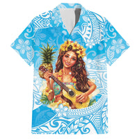 Aloha Hawaii Women's Day Family Matching Short Sleeve Bodycon Dress and Hawaiian Shirt Hula Girl With Ukulele Tropical Style LT14 Dad's Shirt - Short Sleeve Blue - Polynesian Pride