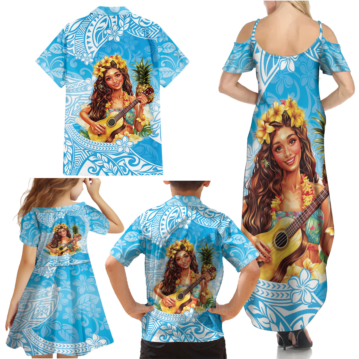 Aloha Hawaii Women's Day Family Matching Summer Maxi Dress and Hawaiian Shirt Hula Girl With Ukulele Tropical Style LT14 - Polynesian Pride