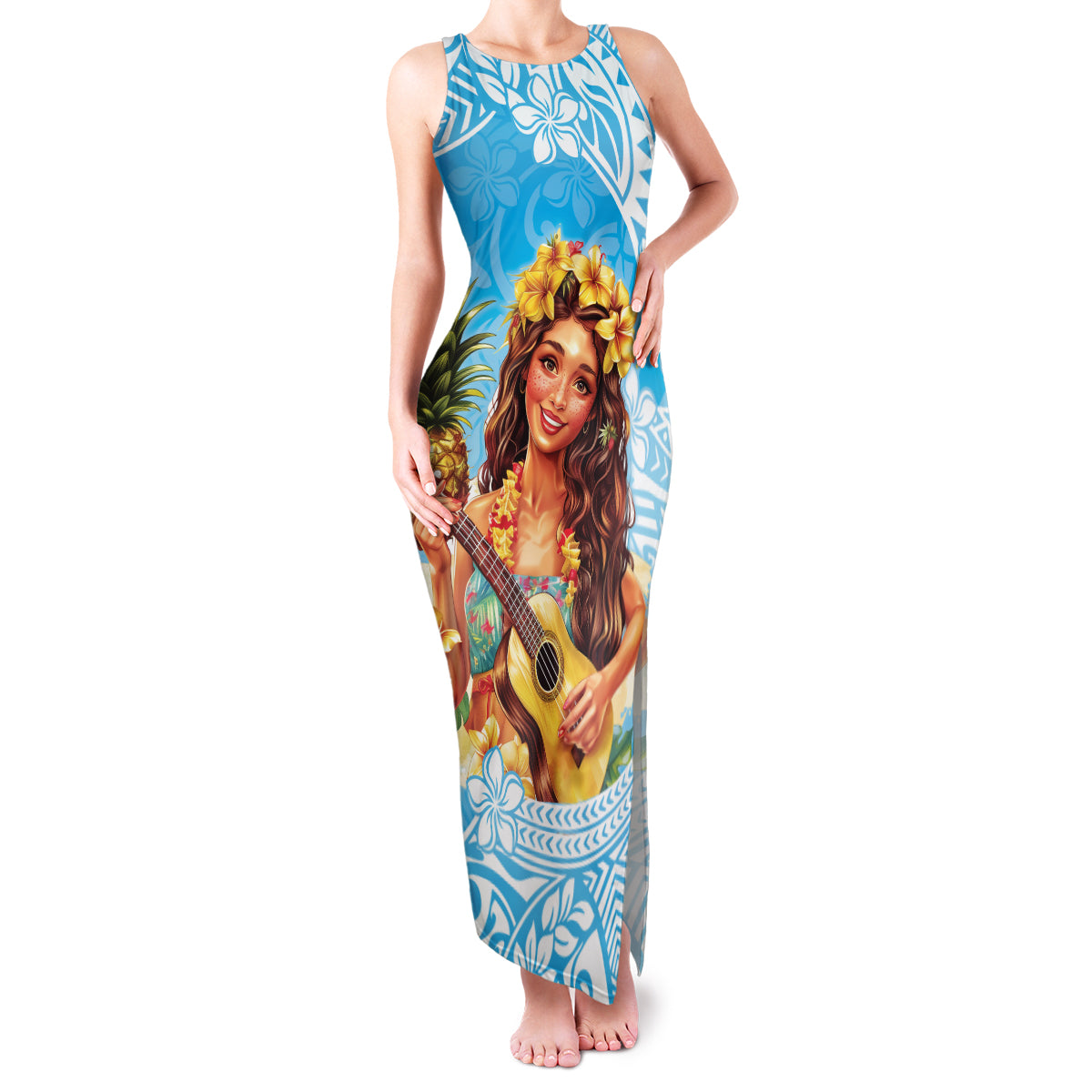 Aloha Hawaii Women's Day Family Matching Tank Maxi Dress and Hawaiian Shirt Hula Girl With Ukulele Tropical Style LT14 Mom's Dress Blue - Polynesian Pride