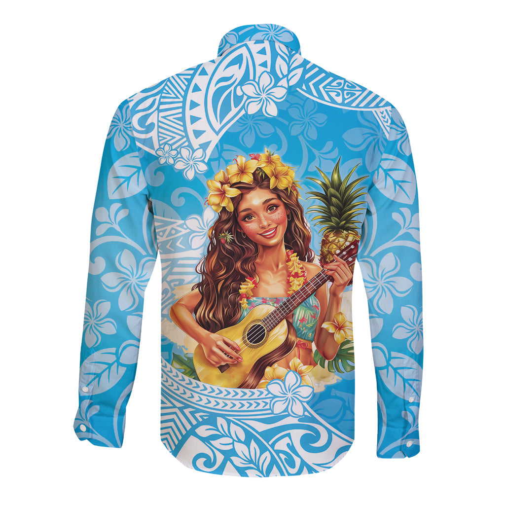 Aloha Hawaii Women's Day Long Sleeve Button Shirt Hula Girl With Ukulele Tropical Style LT14 - Polynesian Pride