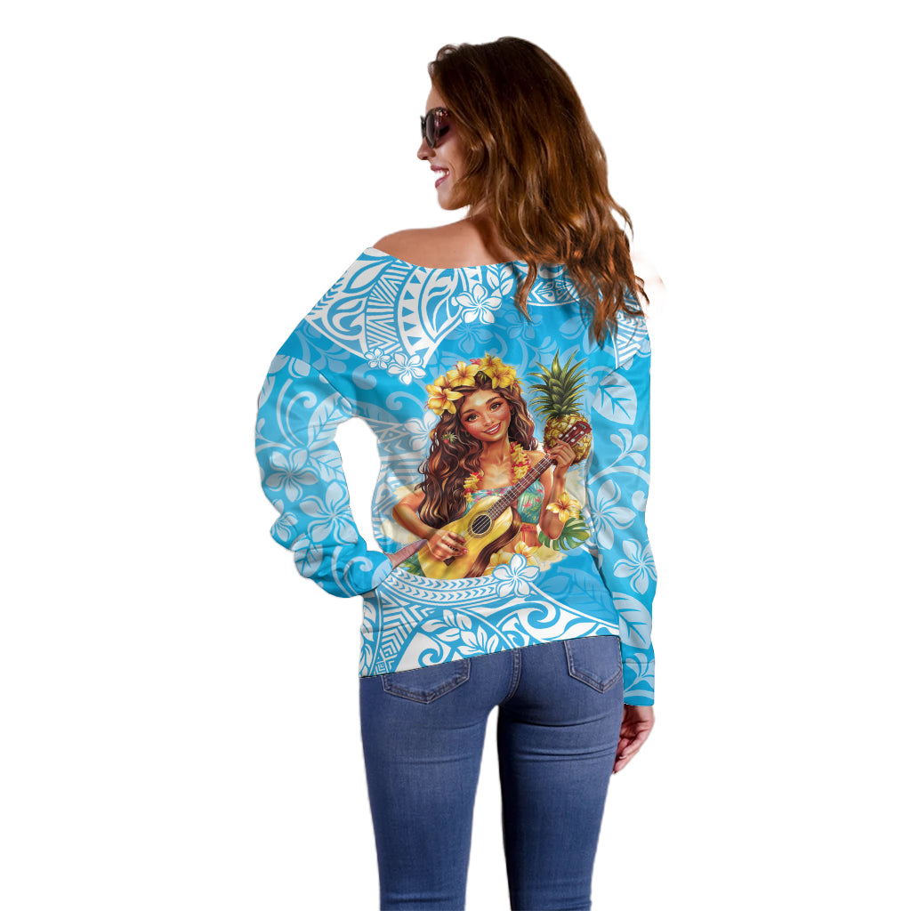 Aloha Hawaii Women's Day Off Shoulder Sweater Hula Girl With Ukulele Tropical Style LT14 - Polynesian Pride