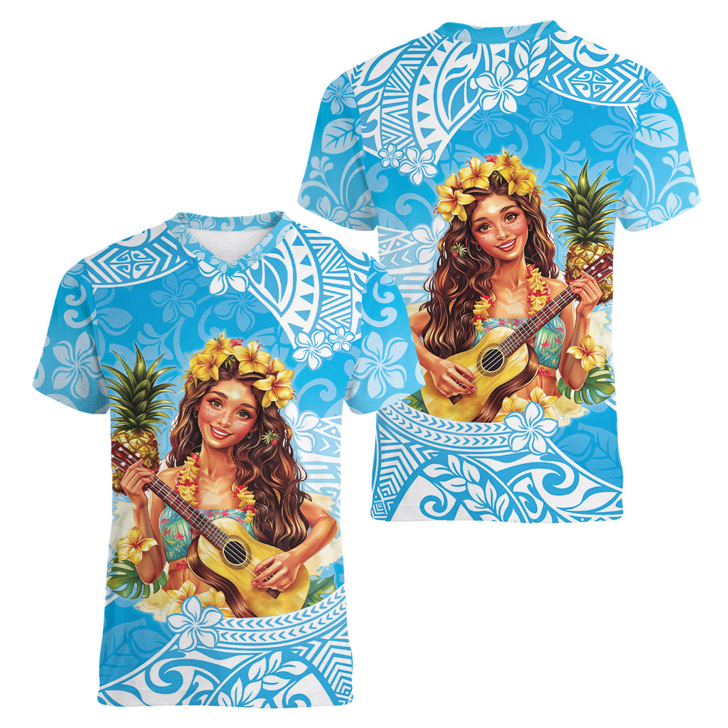 Aloha Hawaii Women's Day Women V Neck T Shirt Hula Girl With Ukulele Tropical Style LT14 - Polynesian Pride