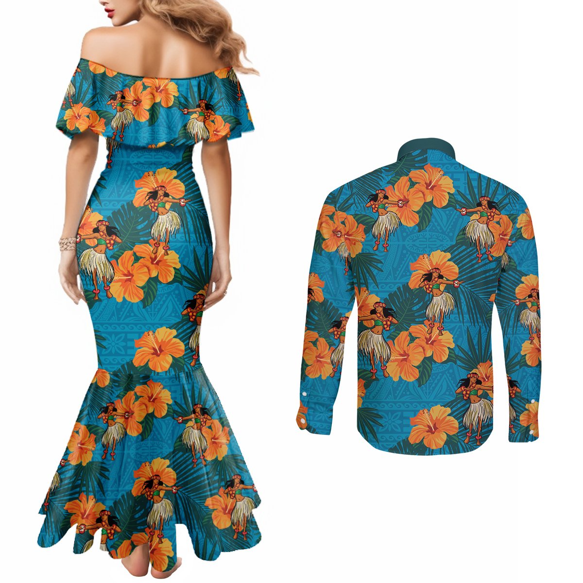 Hawaii Luau Party Couples Matching Mermaid Dress and Long Sleeve Button Shirt Dancing Girl Tropical Flowers LT14 - Polynesian Pride