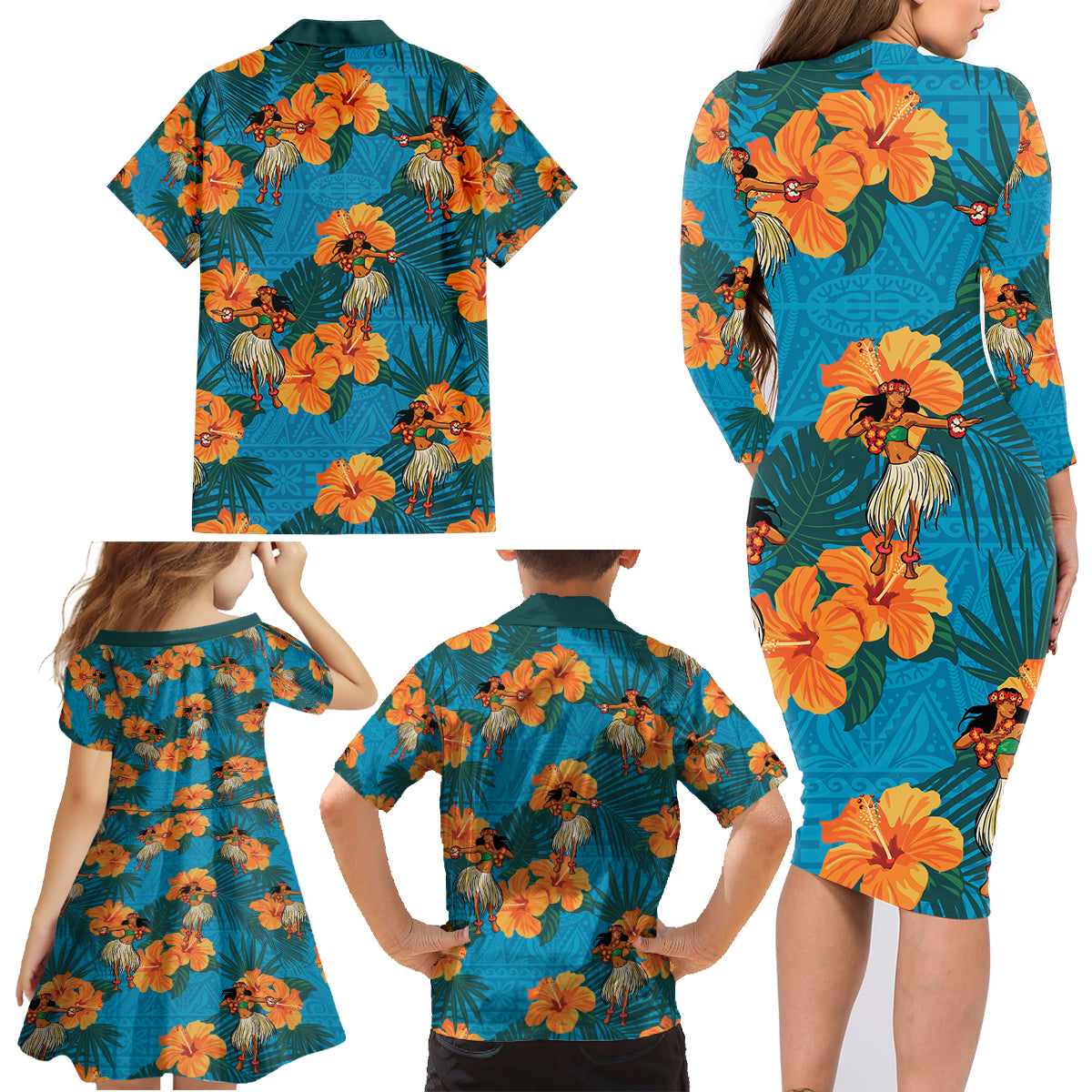 Hawaii Luau Party Family Matching Long Sleeve Bodycon Dress and Hawaiian Shirt Dancing Girl Tropical Flowers LT14 - Polynesian Pride