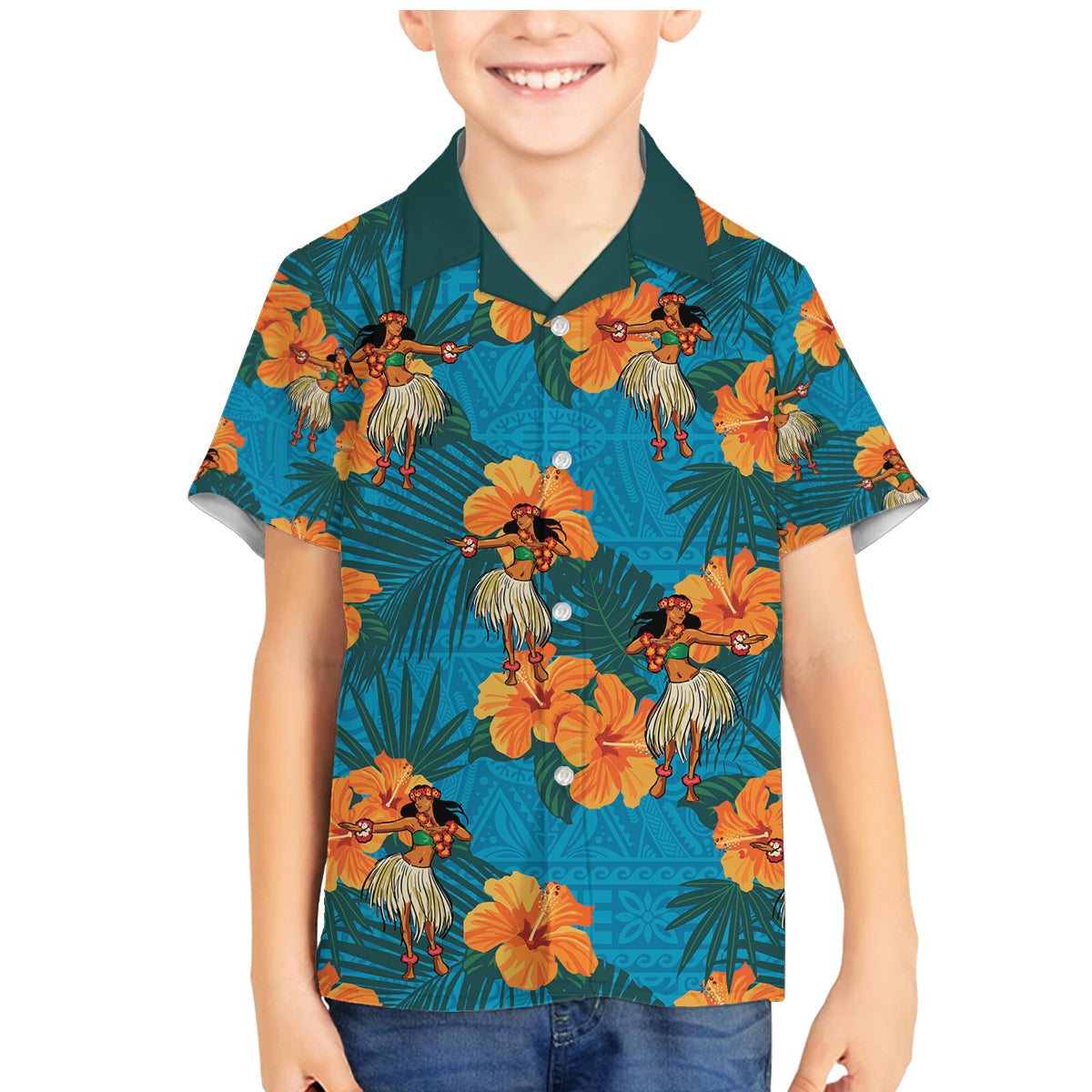 Hawaii Luau Party Family Matching Mermaid Dress and Hawaiian Shirt Dancing Girl Tropical Flowers LT14 Son's Shirt Blue - Polynesian Pride