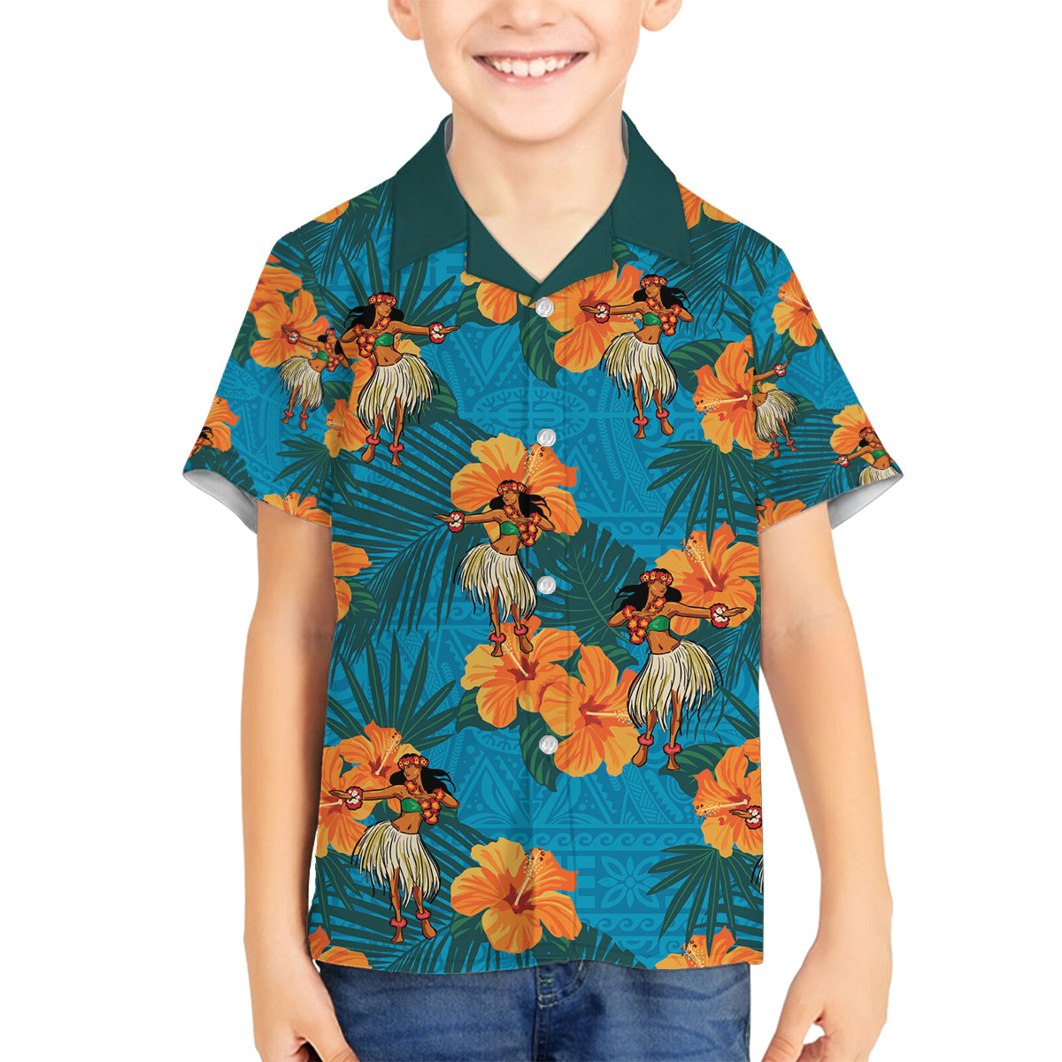 Hawaii Luau Party Family Matching Puletasi and Hawaiian Shirt Dancing Girl Tropical Flowers LT14 Son's Shirt Blue - Polynesian Pride