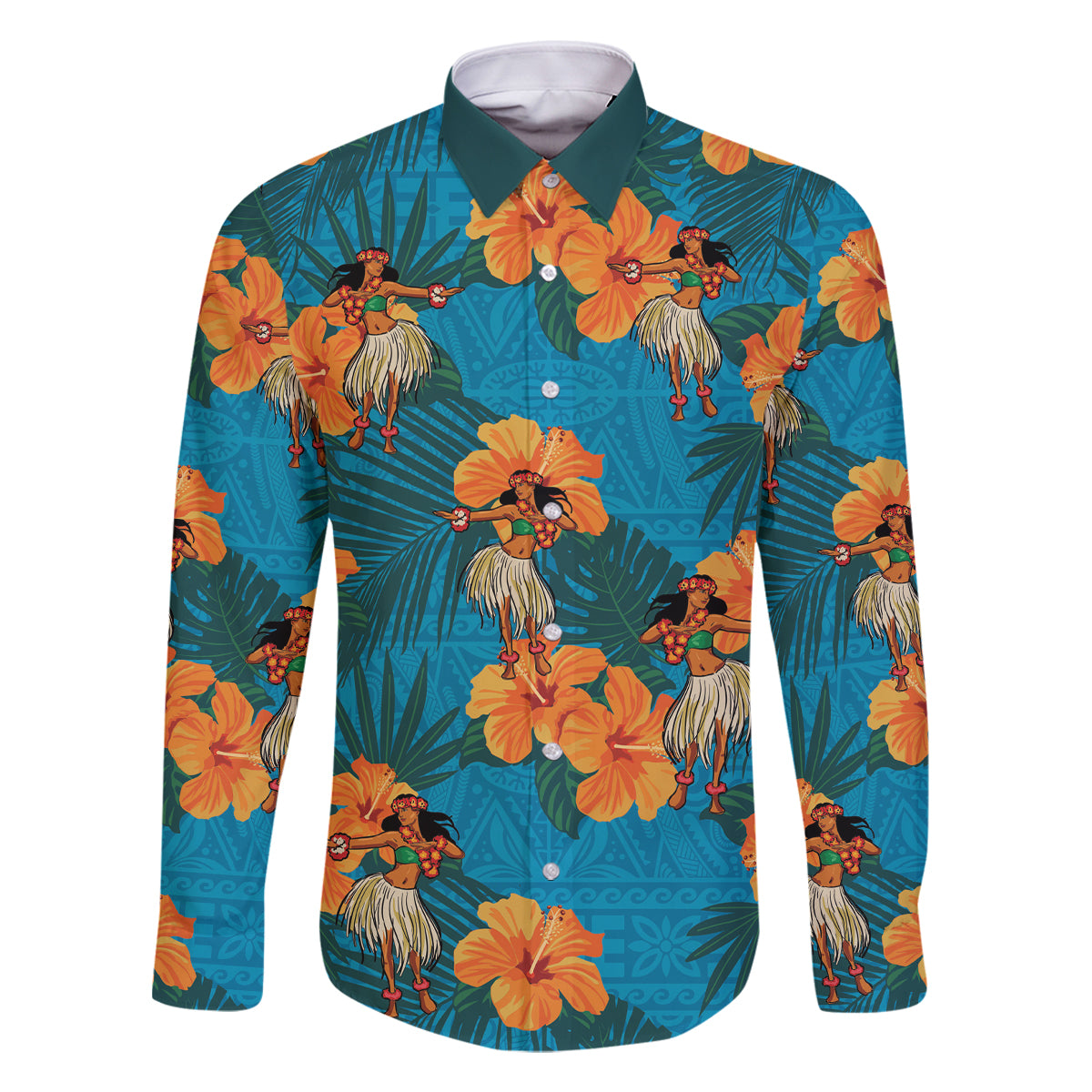 Hawaii Luau Party Family Matching Summer Maxi Dress and Hawaiian Shirt Dancing Girl Tropical Flowers LT14 Dad's Shirt - Long Sleeve Blue - Polynesian Pride