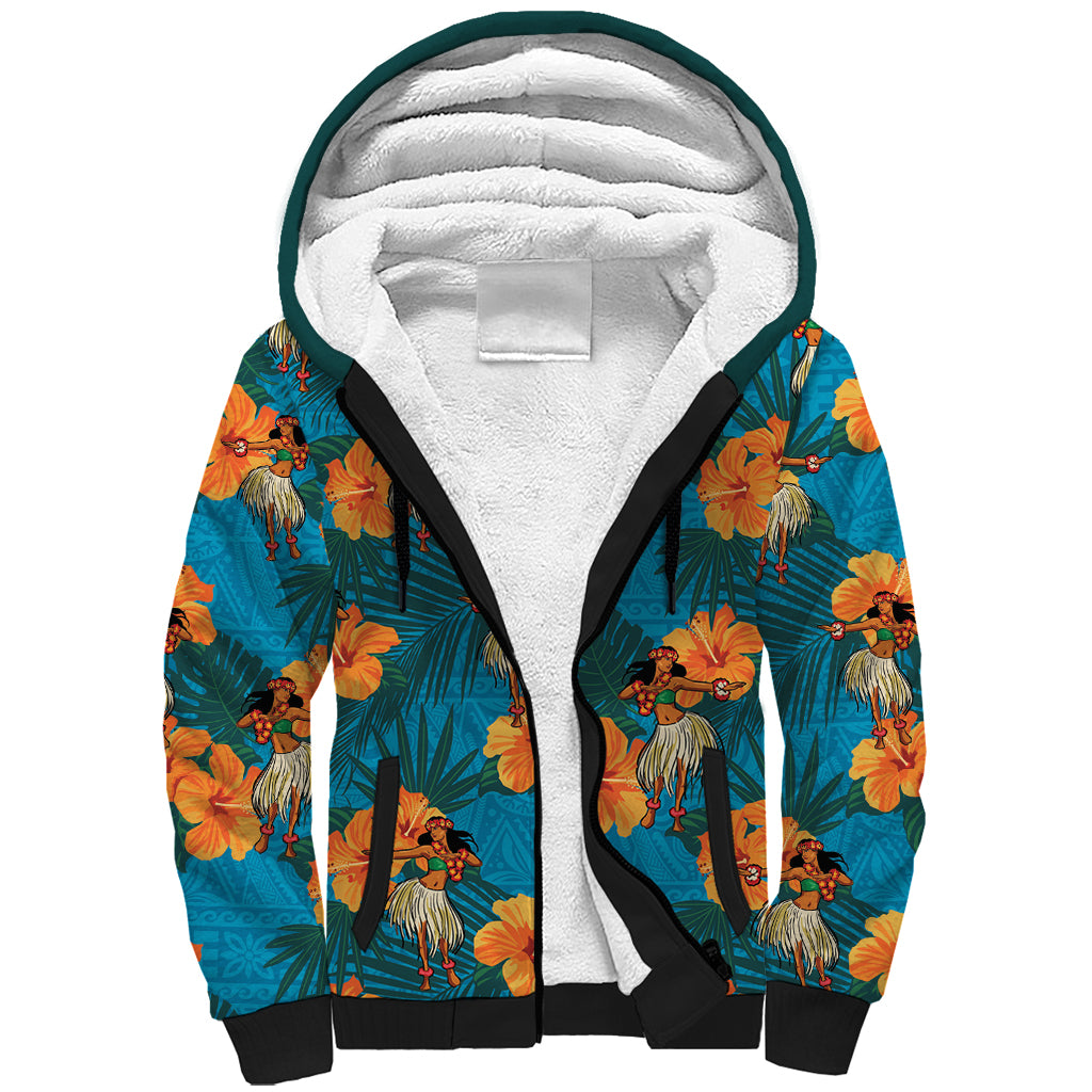 Hawaii Luau Party Sherpa Hoodie Dancing Girl Tropical Flowers LT14 Unisex Blue - Polynesian Pride