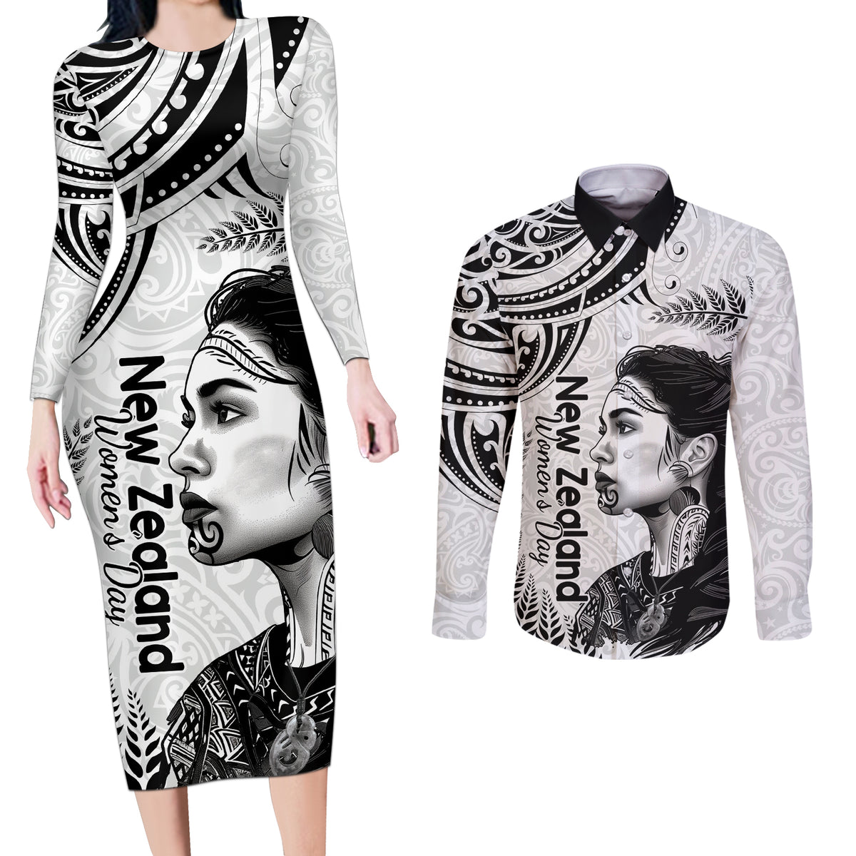 New Zealand Women's Day Couples Matching Long Sleeve Bodycon Dress and Long Sleeve Button Shirt Aotearoa Kia Whakapumau Te Mana Wahine LT14 White - Polynesian Pride