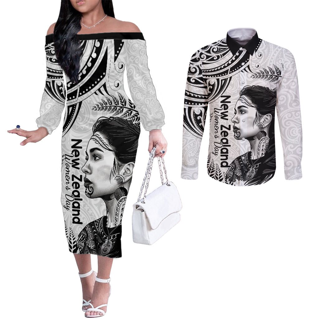 New Zealand Women's Day Couples Matching Off The Shoulder Long Sleeve Dress and Long Sleeve Button Shirt Aotearoa Kia Whakapumau Te Mana Wahine LT14 White - Polynesian Pride