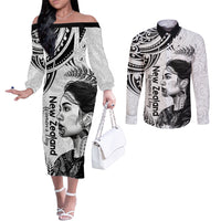 New Zealand Women's Day Couples Matching Off The Shoulder Long Sleeve Dress and Long Sleeve Button Shirt Aotearoa Kia Whakapumau Te Mana Wahine LT14 White - Polynesian Pride
