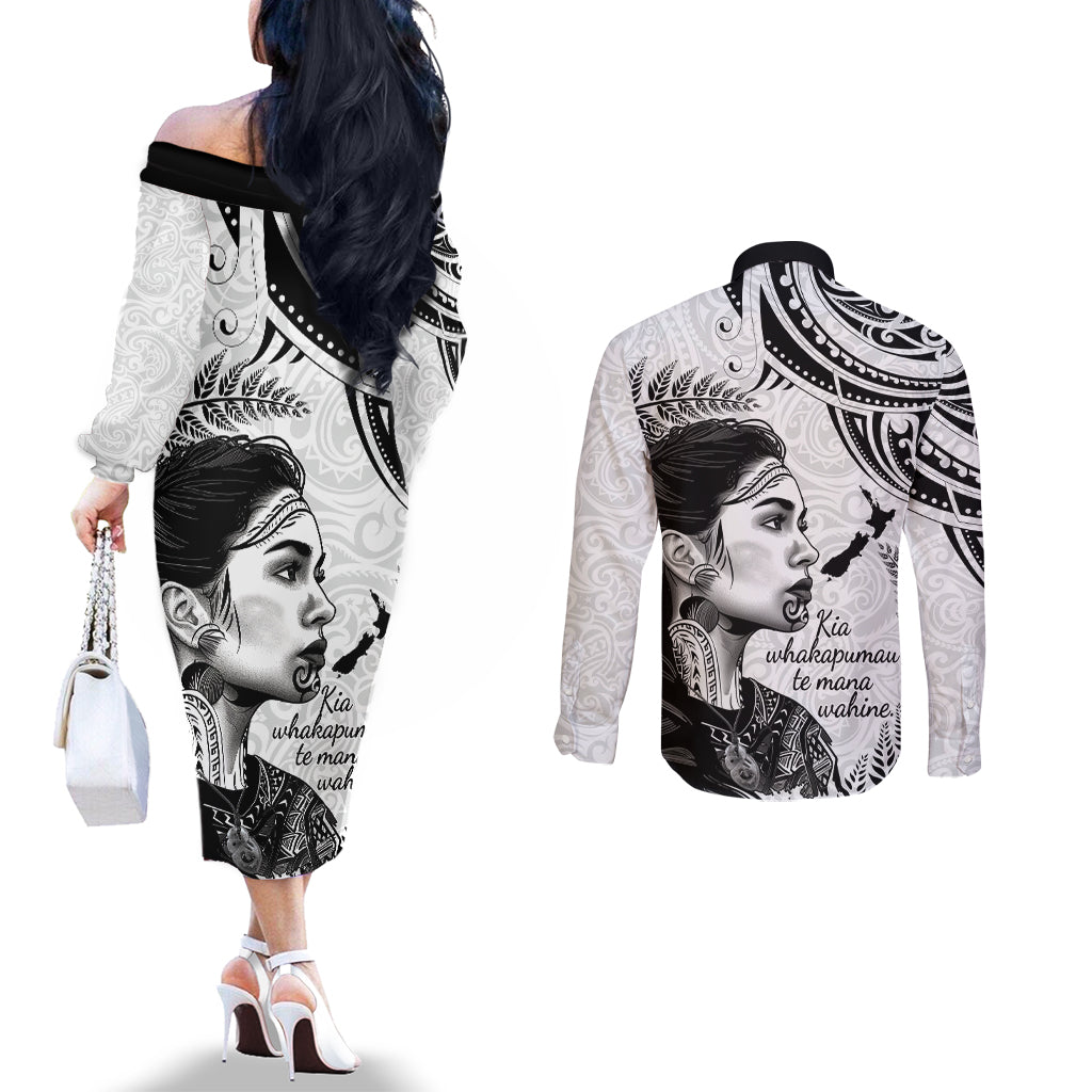 New Zealand Women's Day Couples Matching Off The Shoulder Long Sleeve Dress and Long Sleeve Button Shirt Aotearoa Kia Whakapumau Te Mana Wahine LT14 - Polynesian Pride