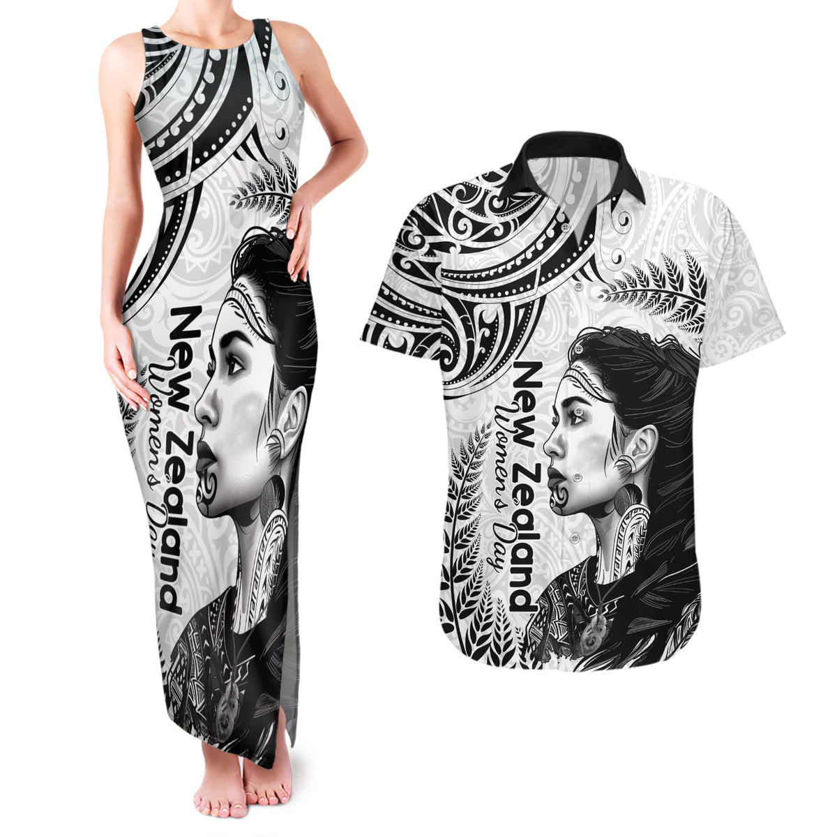 New Zealand Women's Day Couples Matching Tank Maxi Dress and Hawaiian Shirt Aotearoa Kia Whakapumau Te Mana Wahine LT14 White - Polynesian Pride