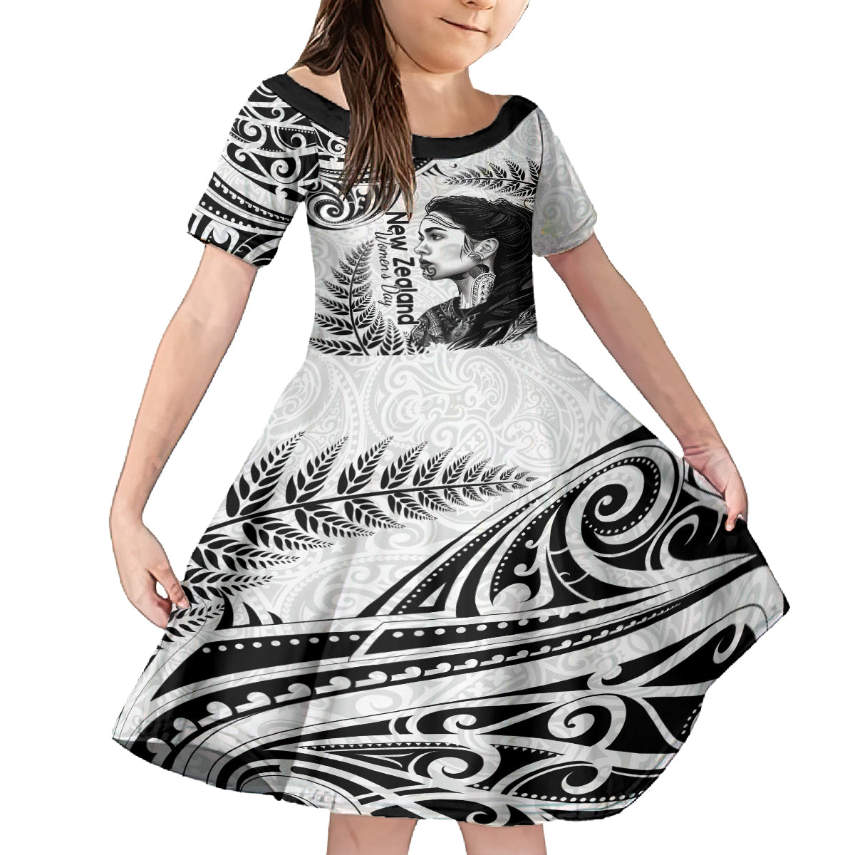 New Zealand Women's Day Family Matching Long Sleeve Bodycon Dress and Hawaiian Shirt Aotearoa Kia Whakapumau Te Mana Wahine LT14 Daughter's Dress White - Polynesian Pride