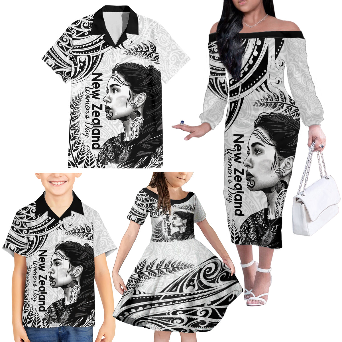 New Zealand Women's Day Family Matching Off Shoulder Long Sleeve Dress and Hawaiian Shirt Aotearoa Kia Whakapumau Te Mana Wahine LT14 - Polynesian Pride