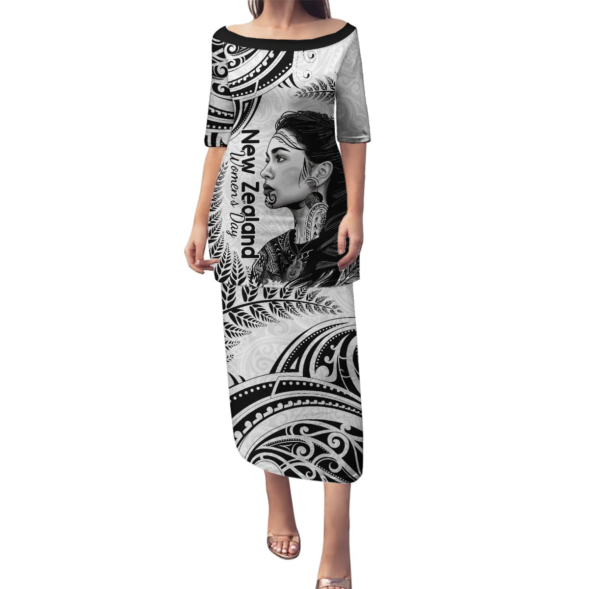 New Zealand Women's Day Family Matching Puletasi and Hawaiian Shirt Aotearoa Kia Whakapumau Te Mana Wahine LT14 Mom's Dress White - Polynesian Pride