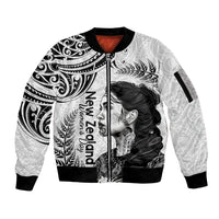 New Zealand Women's Day Sleeve Zip Bomber Jacket Aotearoa Kia Whakapumau Te Mana Wahine LT14 Unisex White - Polynesian Pride