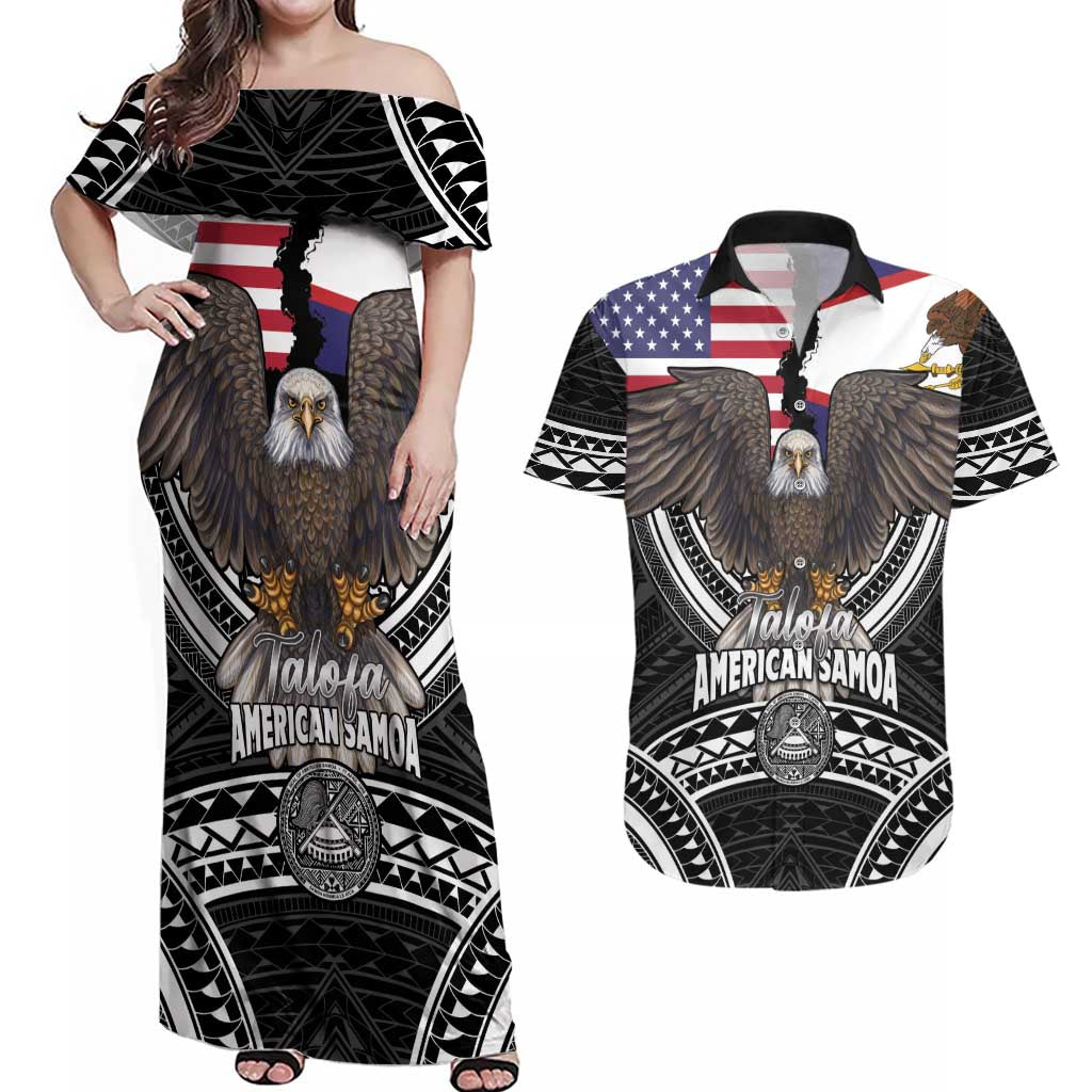 Talofa American Samoa Flag Day Couples Matching Off Shoulder Maxi Dress and Hawaiian Shirt Bald Eagle Polynesian Tattoo