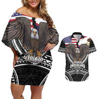 Talofa American Samoa Flag Day Couples Matching Off Shoulder Short Dress and Hawaiian Shirt Bald Eagle Polynesian Tattoo
