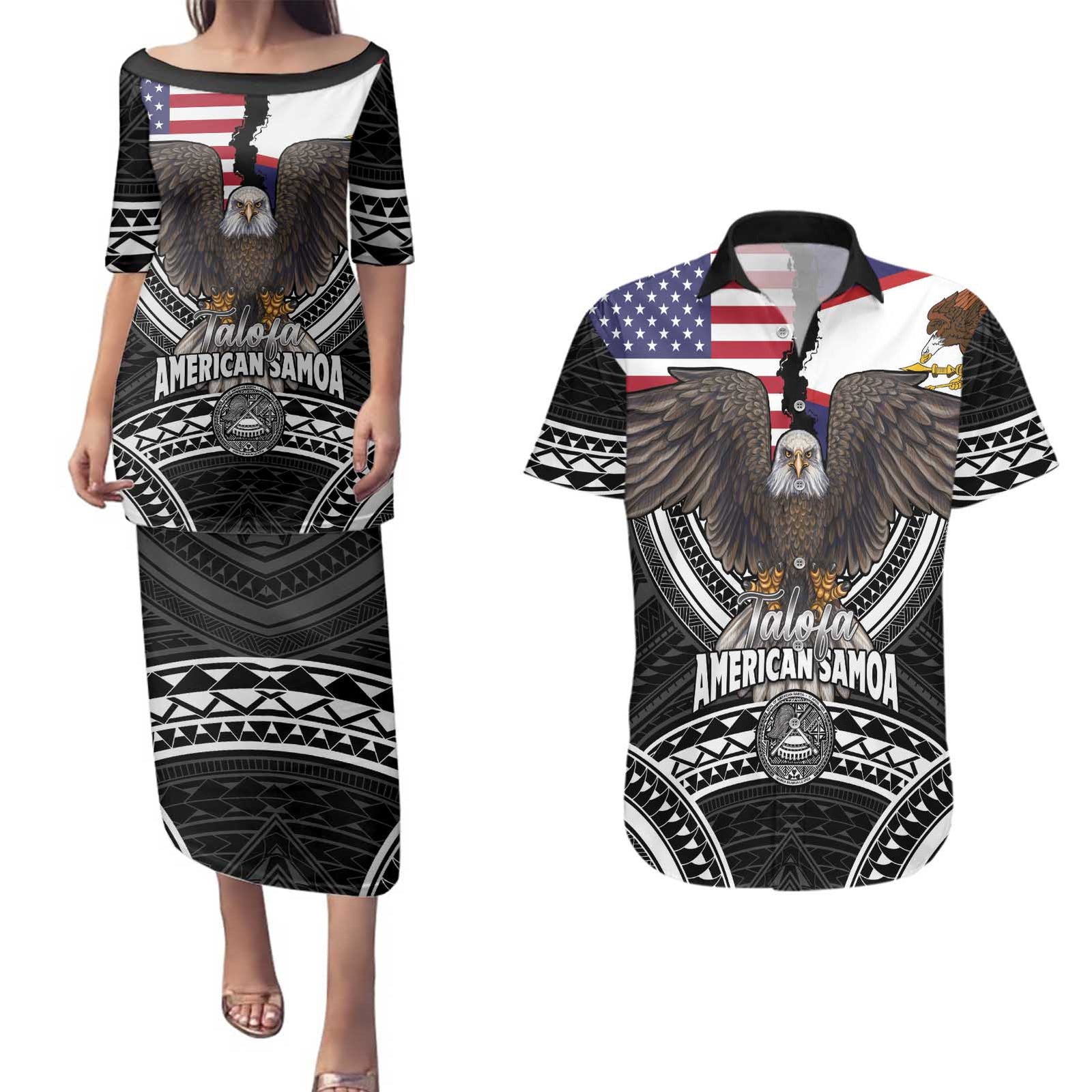 Talofa American Samoa Flag Day Couples Matching Puletasi and Hawaiian Shirt Bald Eagle Polynesian Tattoo