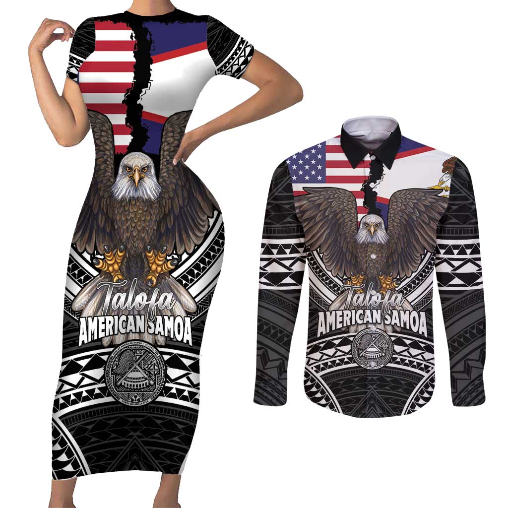 Talofa American Samoa Flag Day Couples Matching Short Sleeve Bodycon Dress and Long Sleeve Button Shirt Bald Eagle Polynesian Tattoo