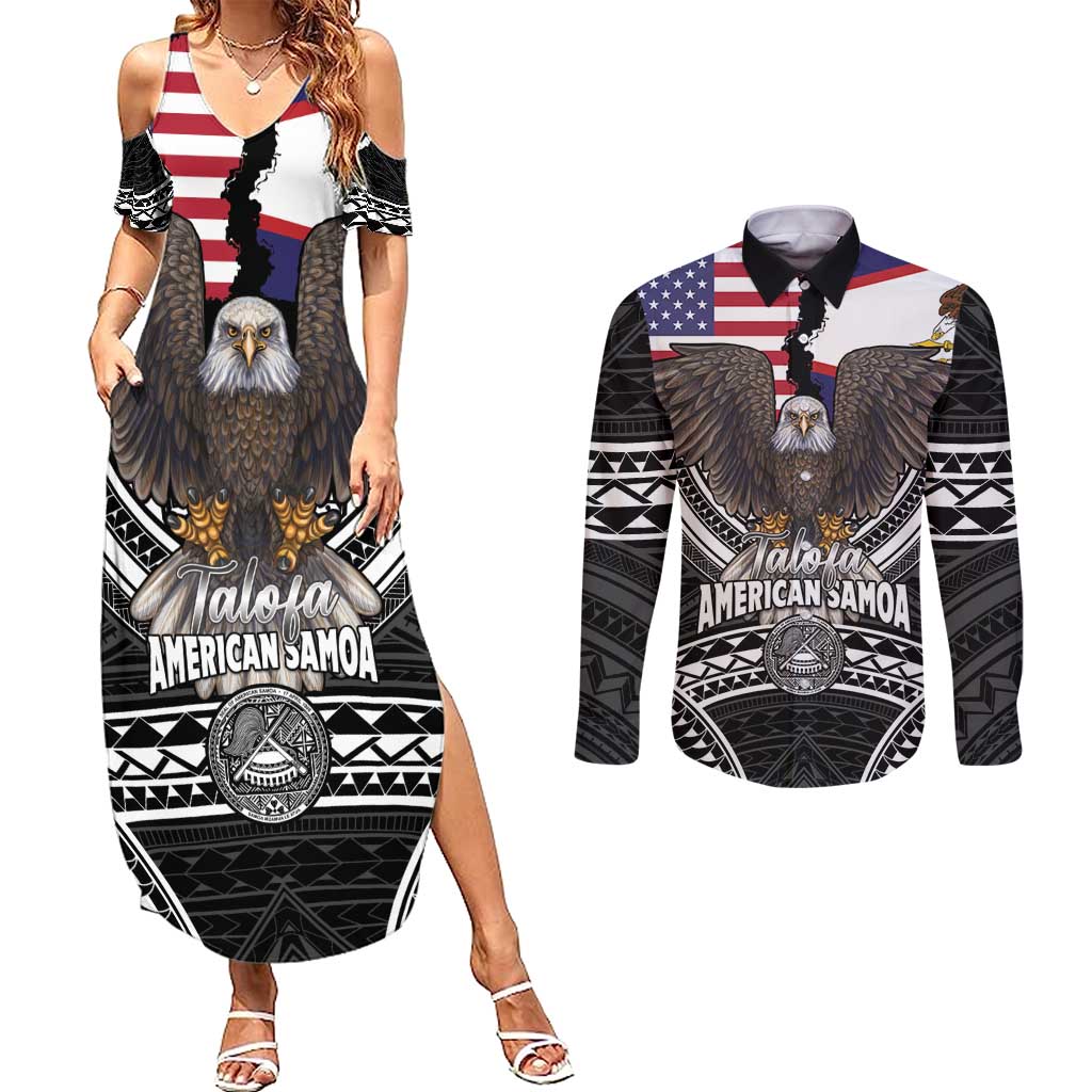 Talofa American Samoa Flag Day Couples Matching Summer Maxi Dress and Long Sleeve Button Shirt Bald Eagle Polynesian Tattoo