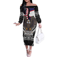 Talofa American Samoa Flag Day Family Matching Off The Shoulder Long Sleeve Dress and Hawaiian Shirt Bald Eagle Polynesian Tattoo