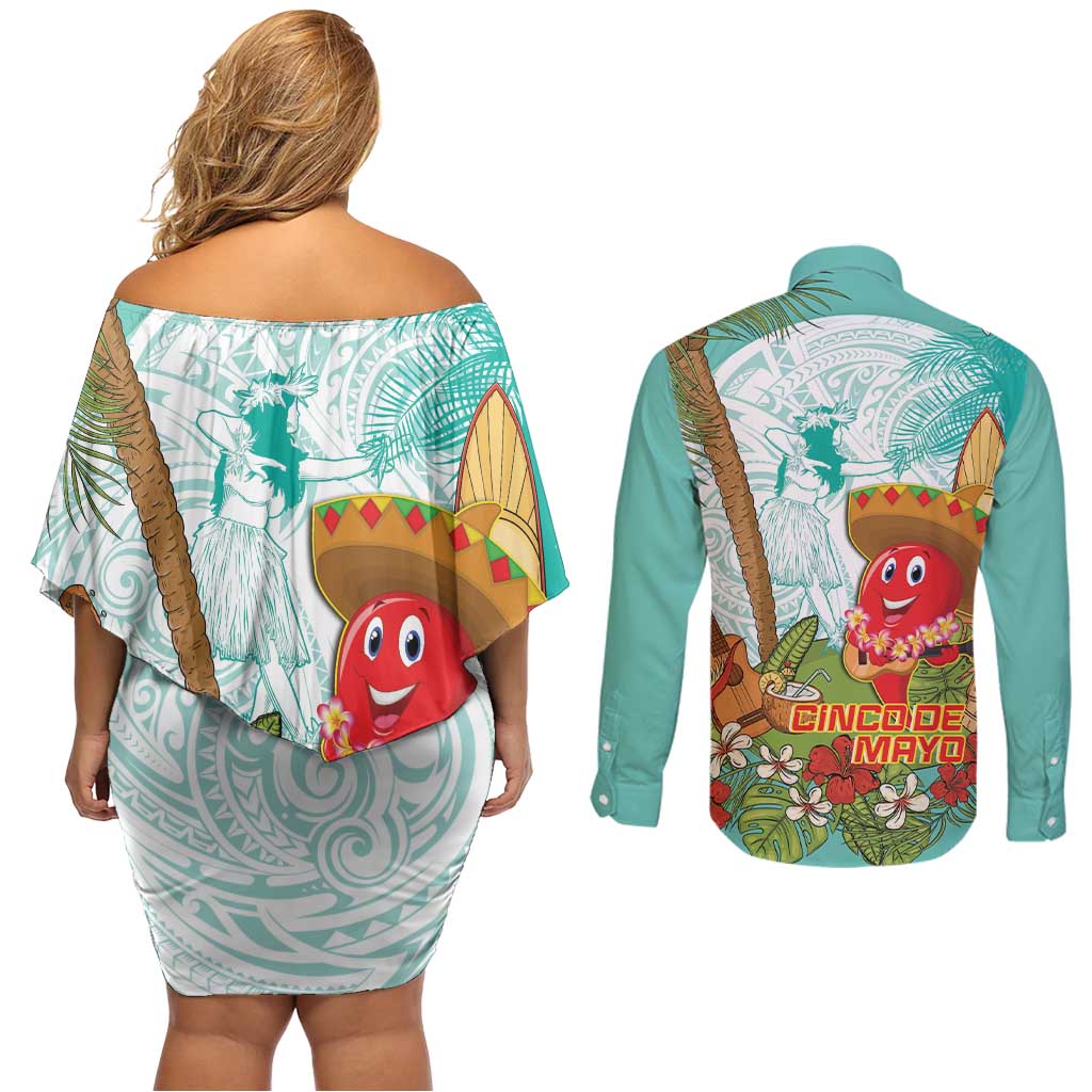 Hawaii Cinco de Mayo Couples Matching Off Shoulder Short Dress and Long Sleeve Button Shirt Chili Pepper Hula Girl Tropical Vibes
