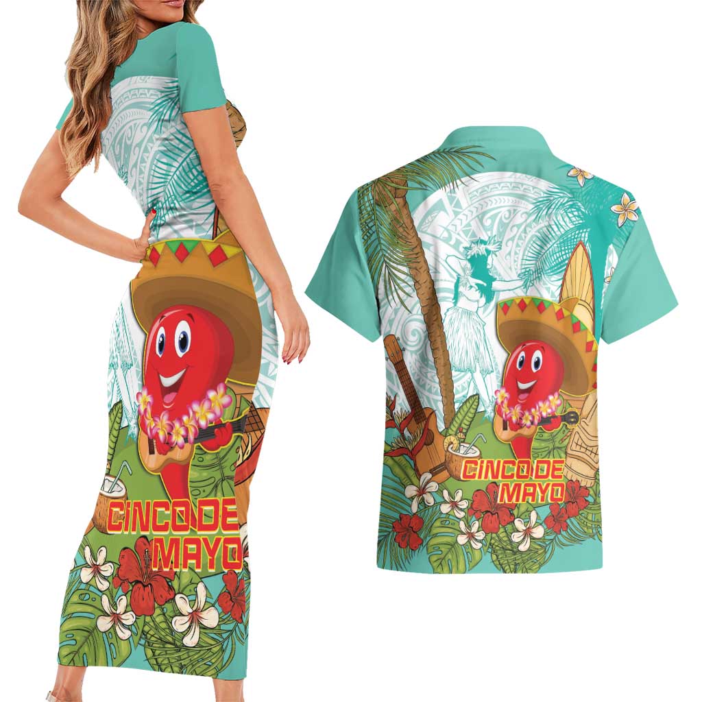 Hawaii Cinco de Mayo Couples Matching Short Sleeve Bodycon Dress and Hawaiian Shirt Chili Pepper Hula Girl Tropical Vibes